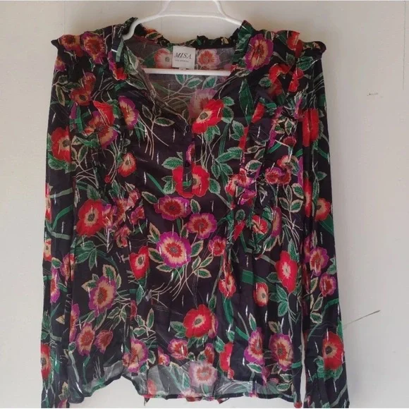 Anthro Misa Los Angeles Hibiscus Floral Ruffle Blouse with Metallic Threading - Picture 5 of 16